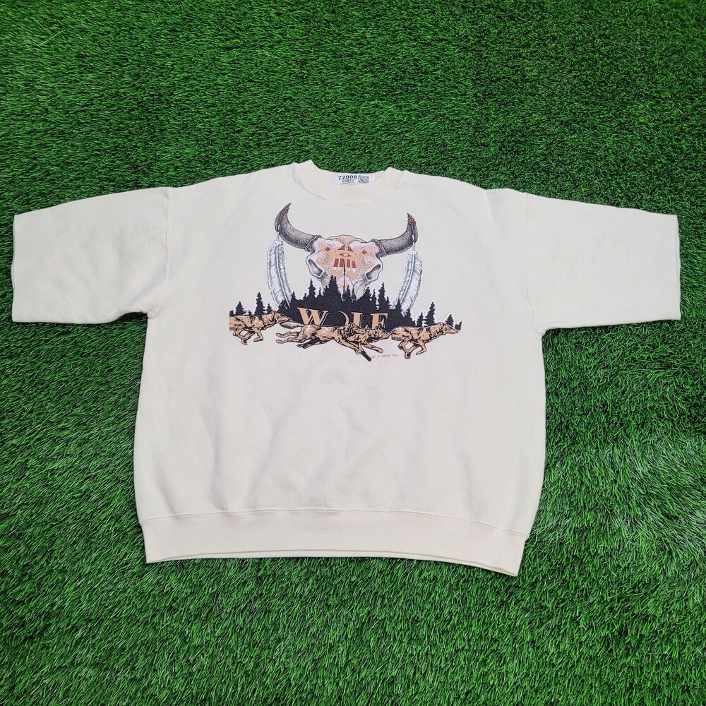 Vintage Native-American Sweatshirt Womens XL 24x24 Ivory 90s